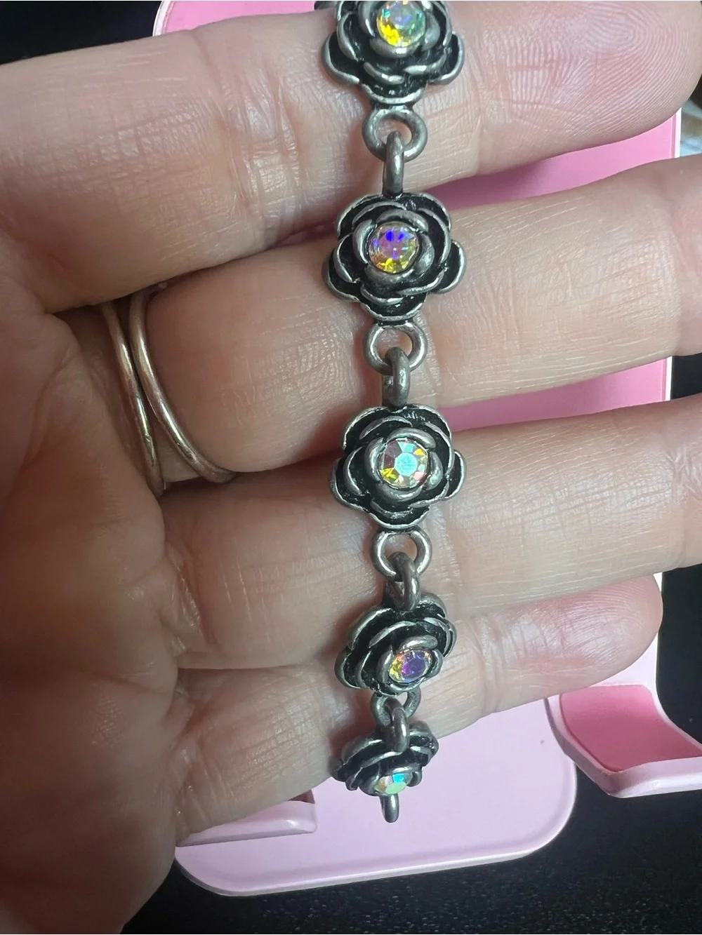 Vintage 90s Y2K Silvertone Rose Bracelet Aurora Borealis Rhinestones Gothic Rose